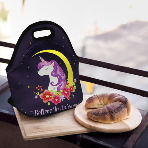 Violet Mist Cute Neoprene Lunch Bag, Insulated Tote Black Unicorn Reusable Lunch Box for Women