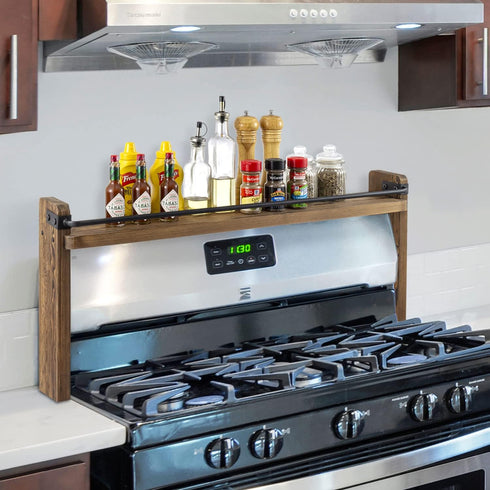 33 Inch MyGift Stove Top Spice Rack - Deluxe Rustic Burnt Solid Wood and Industrial Black Metal Space Saving Over The