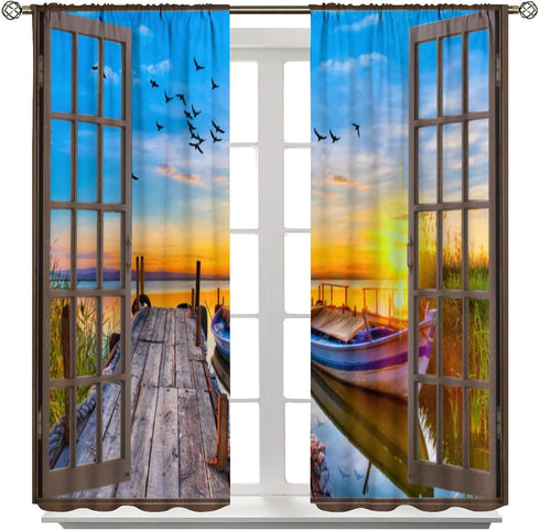 Lakeside Landscape Curtains, Rustic 3D Scenery Prints Window Treatments Drapes for Bedroom Living Room 42x45in