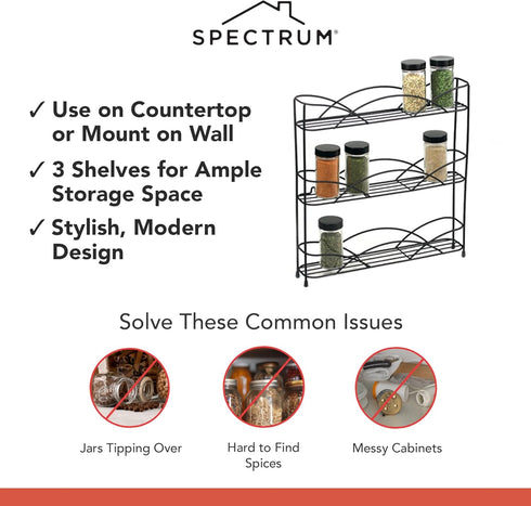Spectrum Diversified 3-Tier Spice Rack Shelf Organizer for Kitchen, Pantry, Bathroom, or Closet, Black