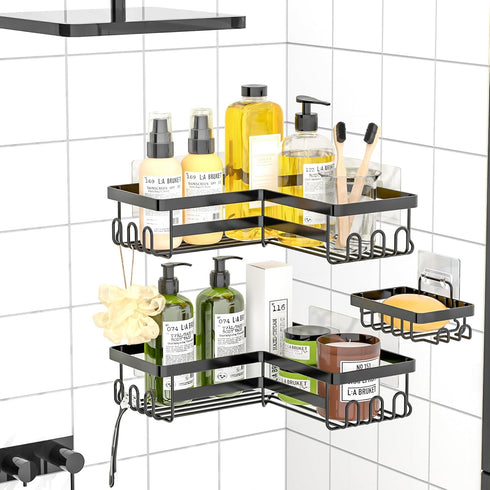 StorageRight Corner Shower Caddy, 3 Pack Adhesive Bathroom Accessories with Hooks, Soap Holder, No Drilling Organizer