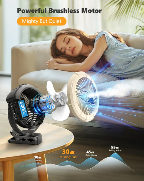3-in-1 100ML 5200mAh 360 3 Ausic Portable Clip on Fan with Misting & LED Lights & Hook, Baby Stroller Fan, Rechargeable