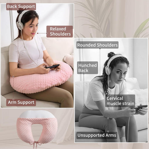 Reading Pillow for Gaming Reading Crochet, U Shaped Arm Support Pillow with Removable Cover Reducing Arching Neck