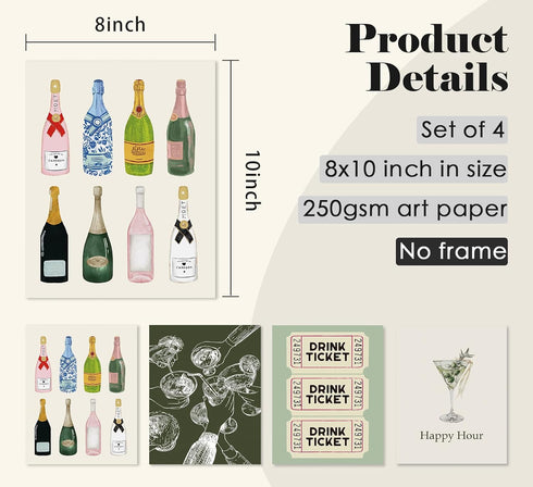 ULEGIE Set 4, 8x10 Inch Bar Wall Decor Bar Cart Decor, Trendy Retro Champagne Cocktail Cheers Wall Art Decor of Bar