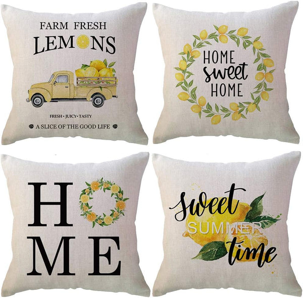ULOVE LOVE YOURSELF Farm Fresh Lemons Throw Pillow Case - Summer Farmhouse Decor, Set of 4 Lemon Wreath/Lemon Truck