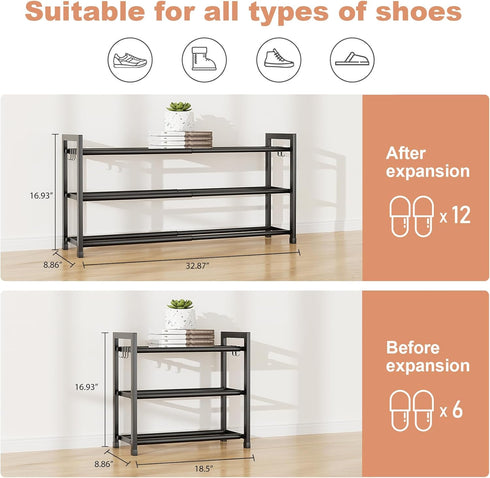 18"-33" Closet 12 3 5 LANTEFUL Adjustable Expandable Shoe Rack for Pairs Small Spaces Tier Shoe Organizer with Hooks