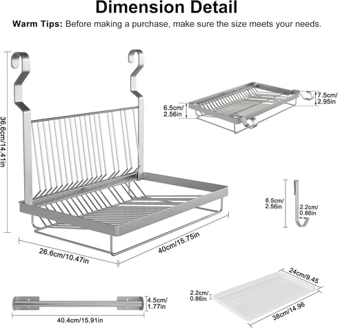 TQVAI Over Sink Dish Drainer Drying Rack, Stainless Steel Foldable Wall Mounted Dish Racks with Drainboard Hanging Rod