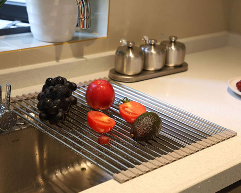 Roll up Dish Drying Rack - Over The Sink Silicone Kitchenware Folding Draining Rack SUS304 Stainless Steel
