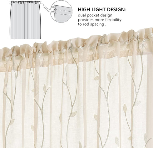 jinchan Sheer Door Curtain, Floral Embroidered Semi-Sheer Voile, Light Filtering Drape Rod Pocket 1 Panel W55 x L40