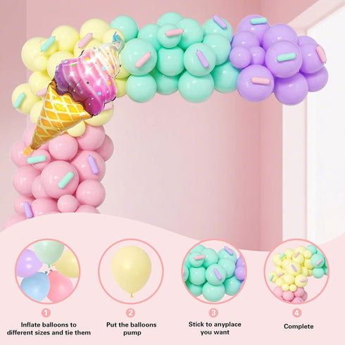 Ice Cream Themed Birthday Party Decorations for Girls, Balloon Garland Arch Kit with Happy Birthday Backdrop.