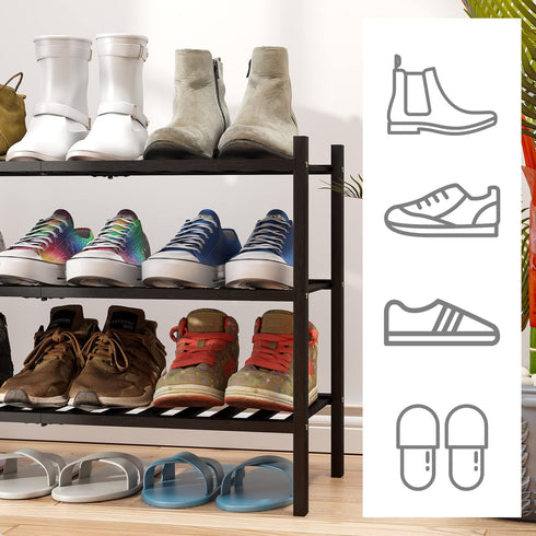3-Tier Closet, viewcare Black Bamboo Shoe Rack for Entryway, Stackable | Foldable | Natural, Shoe Shelf Storage