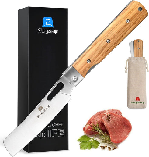 ZhengSheng 4.8” Folding Chef Knife, Ultra Sharp 440A Stainless Steel Blade, Natural Olive Handle, Japanese Style Pocket