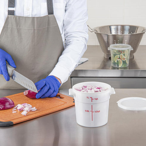 Restaurantware-Met Lux 1 Quart Food Storage Container: White Storage Container with Red Volume Markers, Lids Sold