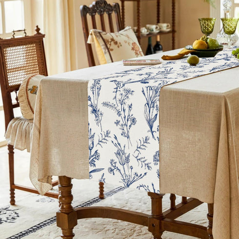 Country 13x72 Inch PROCIDA Navy Blue Floral Table Runner Vintage French Wildflower Burlap Table Runners Farmhouse