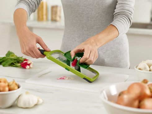 Joseph Joseph Multi-Grip Hand-held Kitchen Mandoline, Adjustable Blades Slicer with Food Grip, Dishwasher Safe