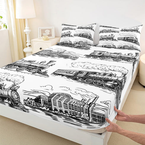 Set 3pcs 1 Manfei Retro Steam Locomotive Twin Size Bedding - with Deep Pocket Fitted Sheet, Flat Sheet, Pillowcase