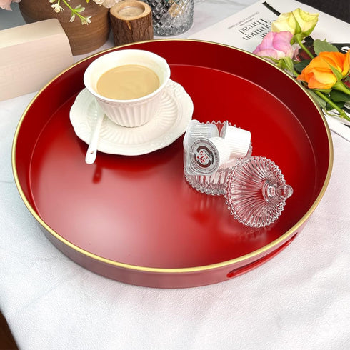 13 Inch Red Decorative Tray, Serving Tray with Handles, Round Decorative Tray for Coffee Table, Plastic Tray