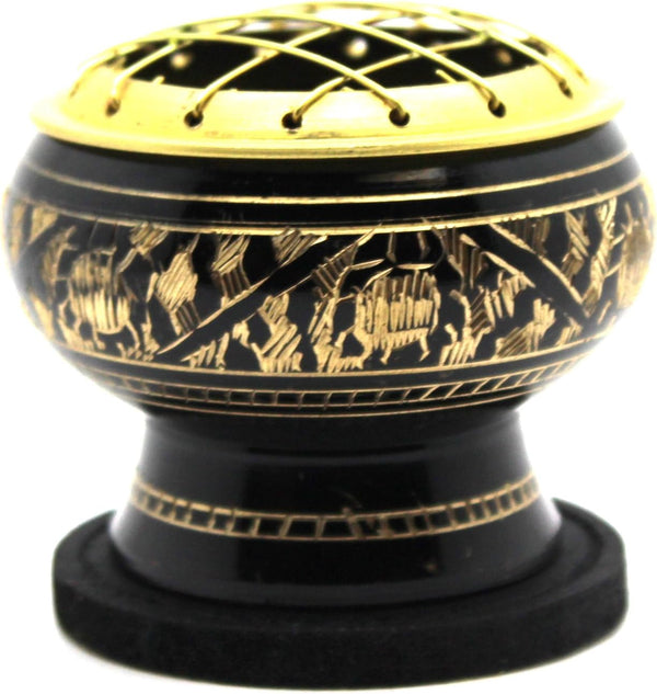 Govinda Small Decorated Brass Charcoal Screen Incense Burner with Wooden Coaster