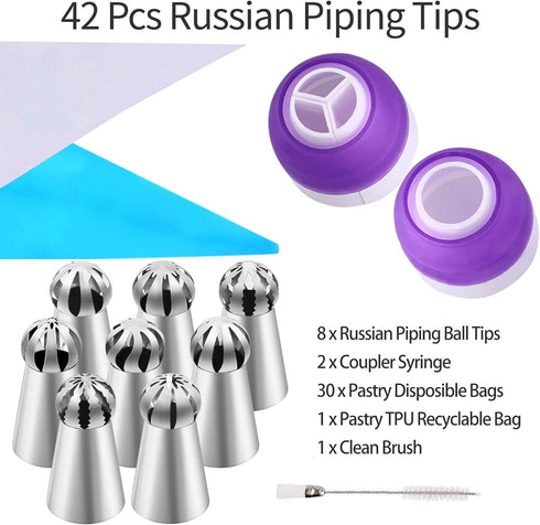 42 Pcs Russian Piping Tips Set, 8 Nozzles Flower Frosting Icing Tips Russian Ball Piping Tips for Cake Decorating Kit, 2 Couplers 30 Pastry Baking Bags 1 Cleaning Brush, 1 Reusable Silicone Bag YLYL by YLYL