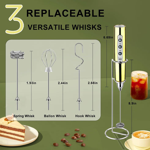 YUSWKO Champagne Gold Handheld Milk Frother Wand with Stand, Rechargeable Electric Whisk, 3 Heads, 3 Speeds