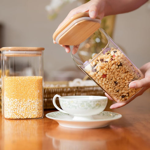Glass Food Storage Jars 37 oz Set of 6 - Clear Glass Containers with Bamboo Lid Airtight for Tea, Coffee, Sugar