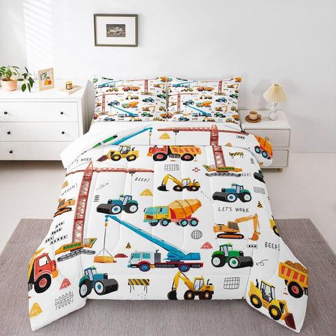 Tractor Comforter, Excavator Machinery Trucks Bedding Set Full Size, Construction Vehicle Down