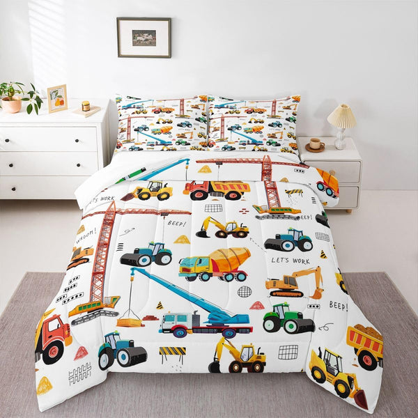 Tractor Comforter, Excavator Machinery Trucks Bedding Set Full Size, Construction Vehicle Down