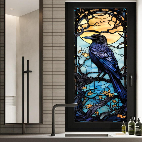 Window Privacy Film, Crow Stained Glass Window Film, Frosted Glass Cling, Heat Blocking Static Cling, 17.7"x39.5"