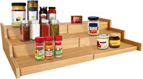 Expandable 3 Tier Bamboo Spice Rack Organizer, Great for Kitchen Cabinet, Cupboard, Pantry