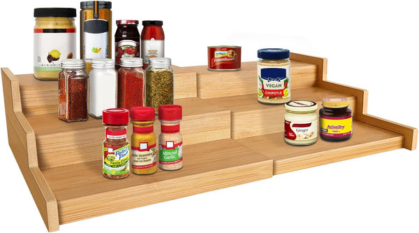 Expandable 3 Tier Bamboo Spice Rack Organizer, Great for Kitchen Cabinet, Cupboard, Pantry