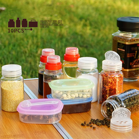 Travel Spice Containers Kit with 3 Pcs 2.7 oz Liquid Spice Bottles, 3 Pcs 3.3 oz Sauce Bottle, 4 Pcs 2.7 oz Spice Box,