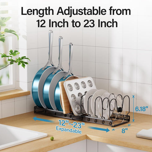 ORDORA Expandable Pots and Pans Organizer Under Cabinet, Cutting Board Pot Lid Holder with 10 Adjustable Dividers