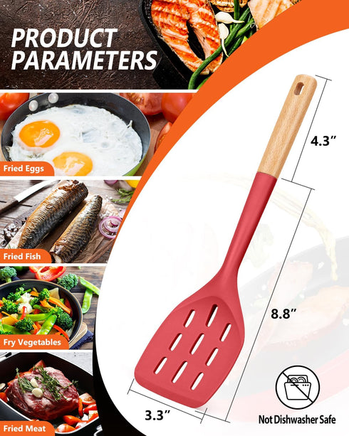 Pack of 2 Silicone Spatula, Non Stick Cooking Utensil Set Wooden Handle Kitchen Turner for Baking Mixing Grilling Serving Food Heat Resistant Non Scratch Hooks Included (Red) by Badiano