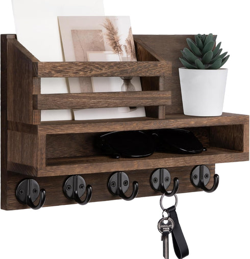 Key and Mail Holder Wall Mount, Key Hanger with Long Storage Box and 5 Hooks for Home Decor Organizer