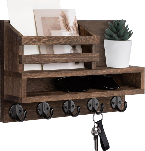 Key and Mail Holder Wall Mount, Key Hanger with Long Storage Box and 5 Hooks for Home Decor Organizer