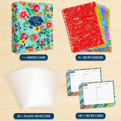 Recipe Binder, 9.5 x 11 inch 3 Ring Kit with 50 Protectors, 100 Recipe Cards & 8 Category Divider Tabs