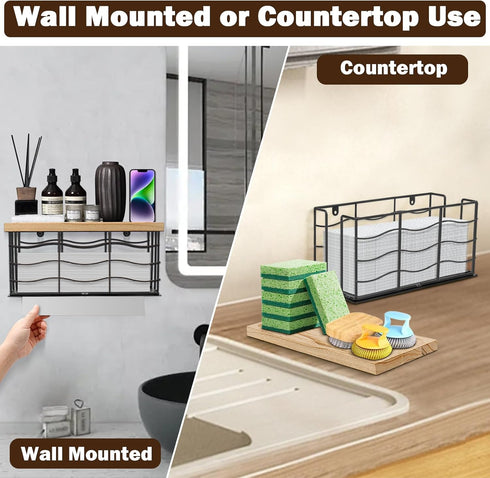 Metal Paper Towel Dispenser with Wood Lid, Wall Mounted & Countertop Tri-Fold Napkin Holder for Home Bathroom Kitchen