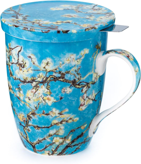 McIntosh Mugs Van Gogh Almond Blossom Fine Bone China Tea Mug with Lid and Infuser (15 oz)
