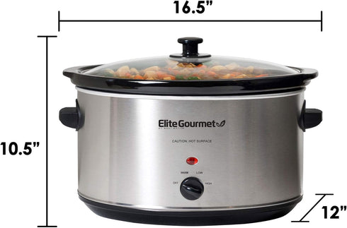 Elite Gourmet Stainless Steel Slow Cooker, 8.5 Quart, Dishwasher-Safe with Tempered Glass Lid