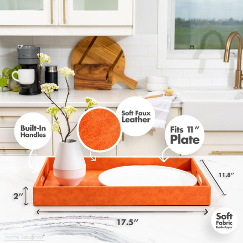 17.5"x12" Home Redefined Beautiful Modern Elegant Rectangle Orange Faux Leather Decorative Tray Ottoman Coffee Table