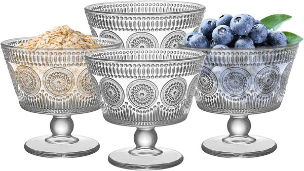 Vintage Glass Dessert Bowls, Set of 4, 9oz Glass Ice Cream Sundae
