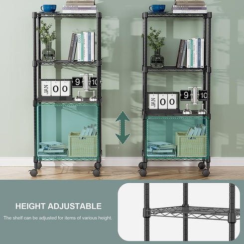 4-Shelf 11.8" 17.7" 40.8" M MZG Adjustable Heavy Duty Steel Wire Rack, Adjustable Storage Shelving Unit with Wheel