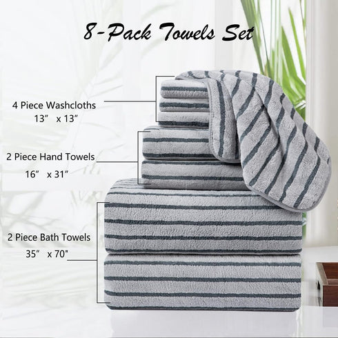 8 Set Sheet-2 Towels,2 Towels,4 Oliven Pcs Gray Cabana Stripe Bath Towel Oversize Bath Bathroom Hand Washcloths Soft
