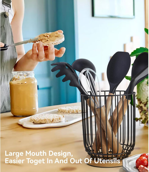 Large Utensil Holder for Kitchen Counter - Farmhouse Utensil Caddy, Spatula Holder (Metal+Bamboo-1)