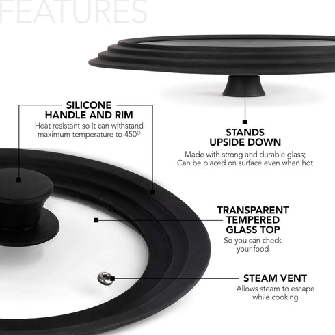 Universal Lids Set of 2, Modern Innovations, Fits 7 to 12-Inch Cookware, Silicone Replacement Pan Lid, Black