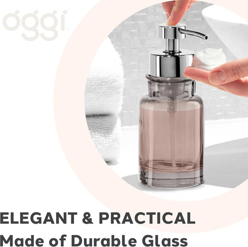 OGGI Glass Foaming Soap Dispenser, 10oz Capacity, Stylish Refillable for Bathroom and Kitchen in Gray/Chrome