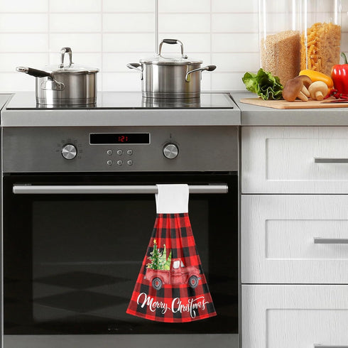 Boccsty Christmas Tree Truck Fingertip Bath Towels, 2 Pcs Red Black Plaid Tartan Kitchen Hand Towels
