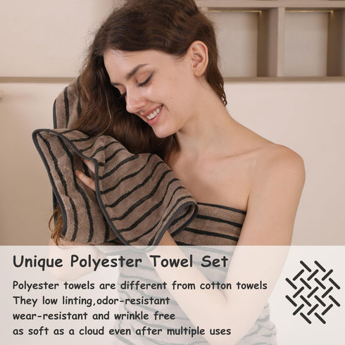 8 Set-2 Towels,2 Towels,4 600GMS Pcs Polyester Brown Cabana Stripe Large Bath Towel Bathroom Hand Washcloths
