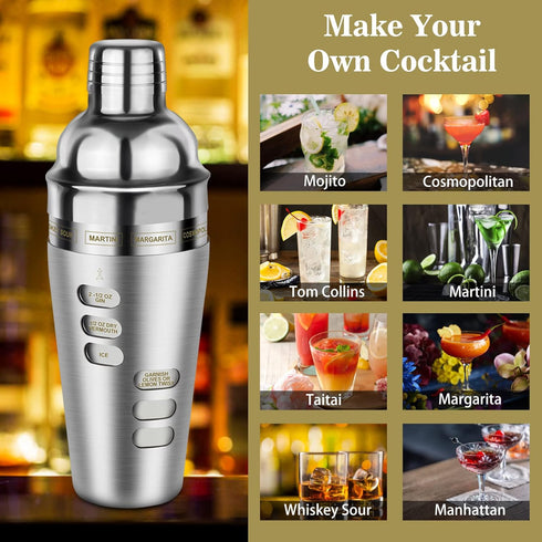 Cocktail Shaker Set with Recipe, 24 oz Stainless Steel Martini Shaker, Drink Mixer Bartender Kit