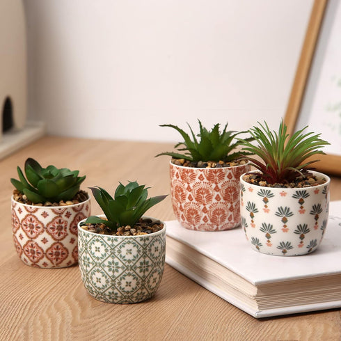Artificial Plants Succulent Flowers in Ceramic Planter, 2 Pack Small Fake Plants for Home Office Desk Decor